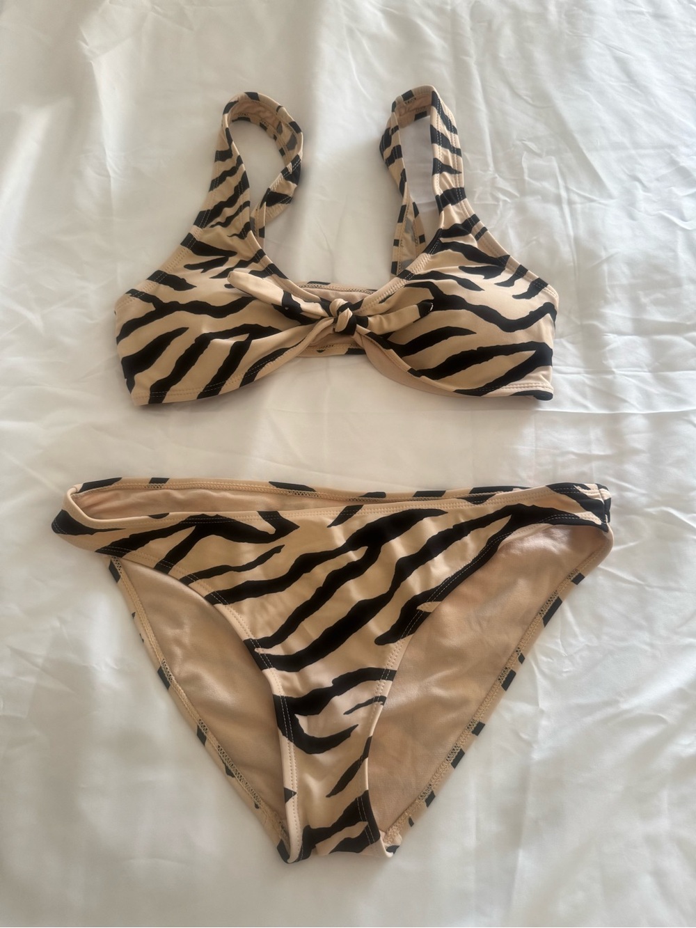 Zebra-Print Tie-Front Bikini Set - Beige & Black